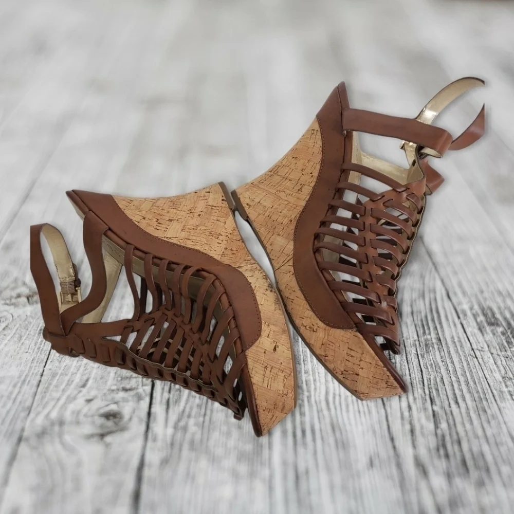 Guess Cage Gladiator Platform Cork Wedge Sandals 9.5 EUC Brown Natural